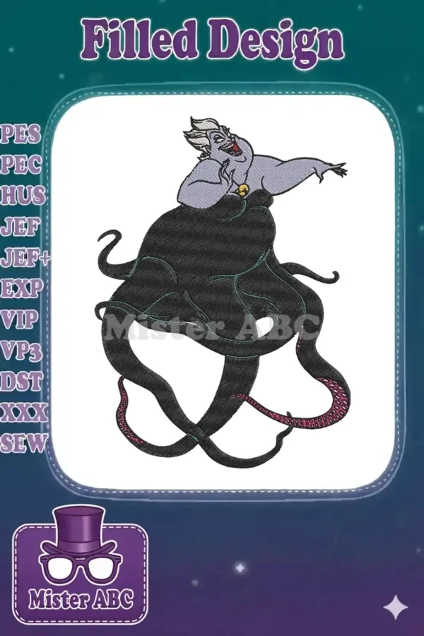 Detailed embroidery design of Ursula, the sea witch, in a dynamic pose with flowing tentacles and a sinister smile.