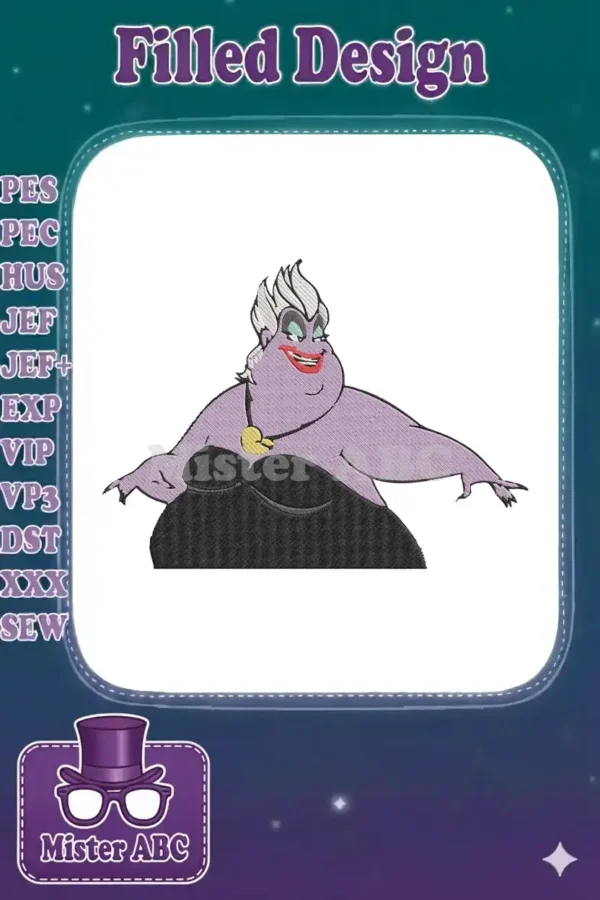 A vibrant embroidery design of Ursula from The Little Mermaid, showcasing her iconic purple skin and black dress.