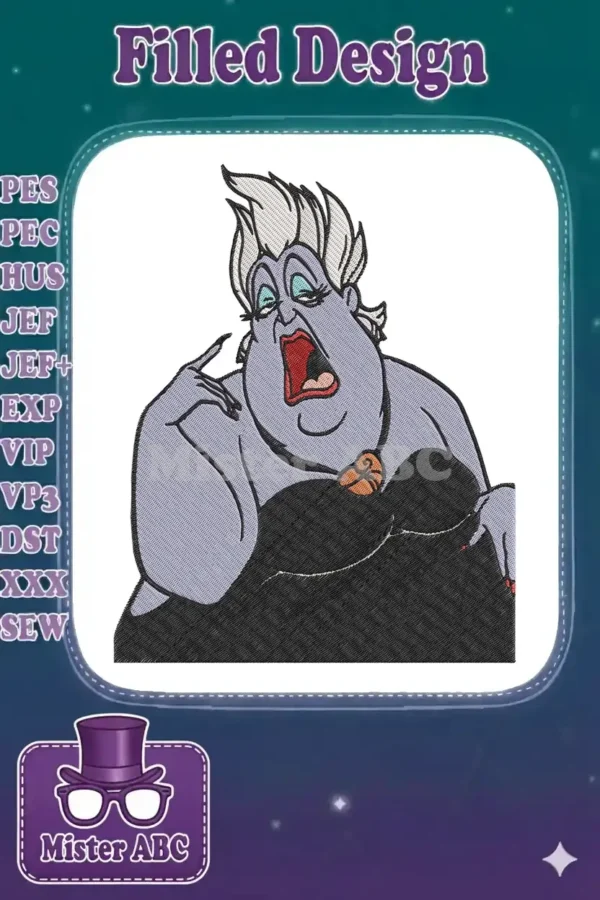 A detailed embroidery of Ursula from Disney's The Little Mermaid, captured mid-song with an open mouth.