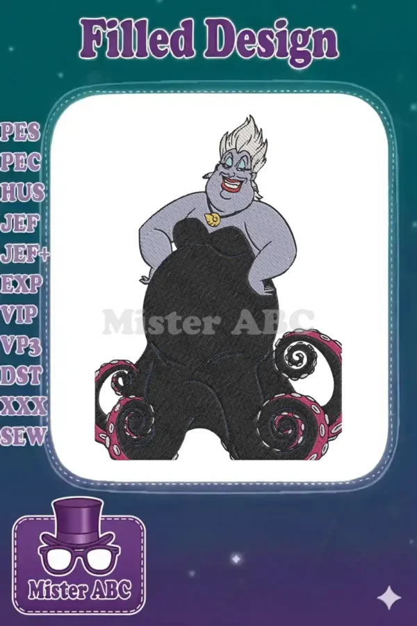 Vibrant Ursula embroidery design featuring the iconic sea witch with her black octopus body and gold shell necklace.