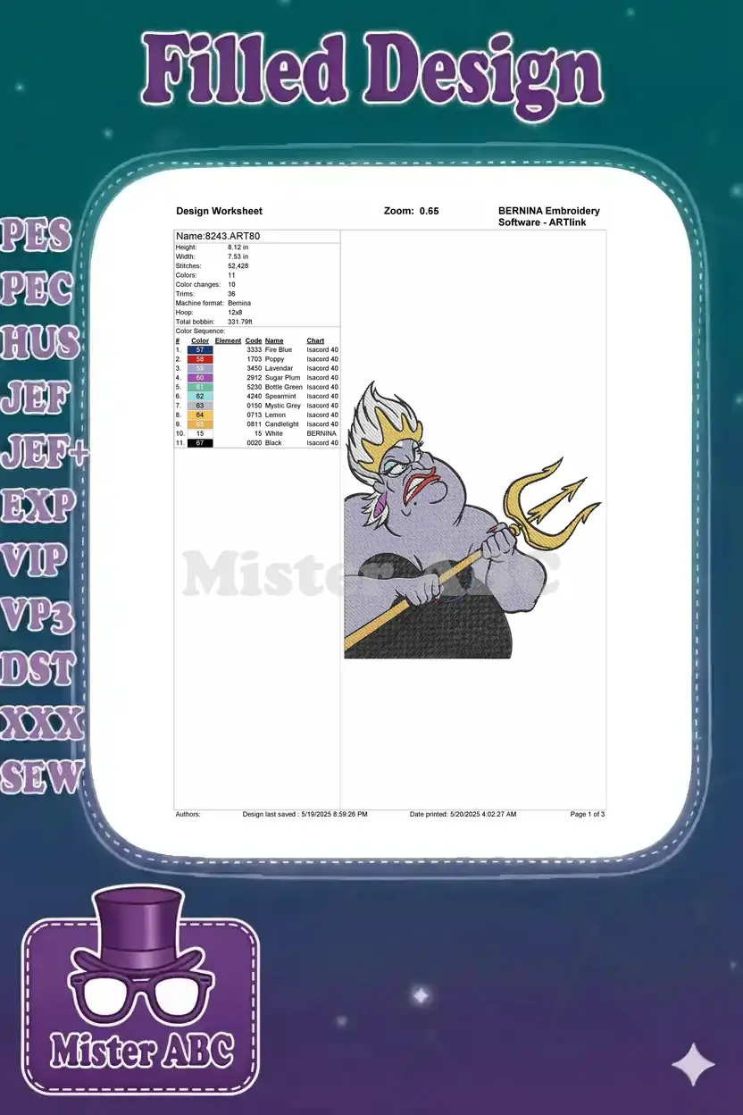 Embroidery design worksheet for Ursula, detailing dimensions, stitch count, color changes, and thread chart.