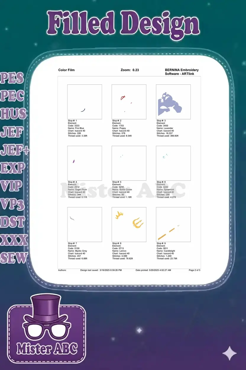 Part one of the color film showing the individual stitch elements and thread usage for the Ursula embroidery design.