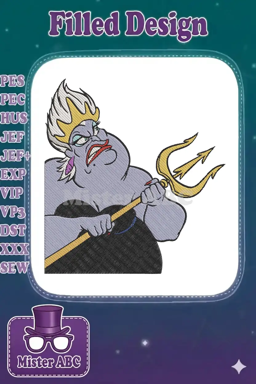 Dynamic Ursula embroidery design with a golden trident, showcasing intricate details and vibrant, villainous charm.
