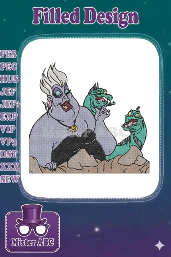 A vibrant embroidery design of Ursula, the formidable sea witch, flanked by her menacing eel henchmen.