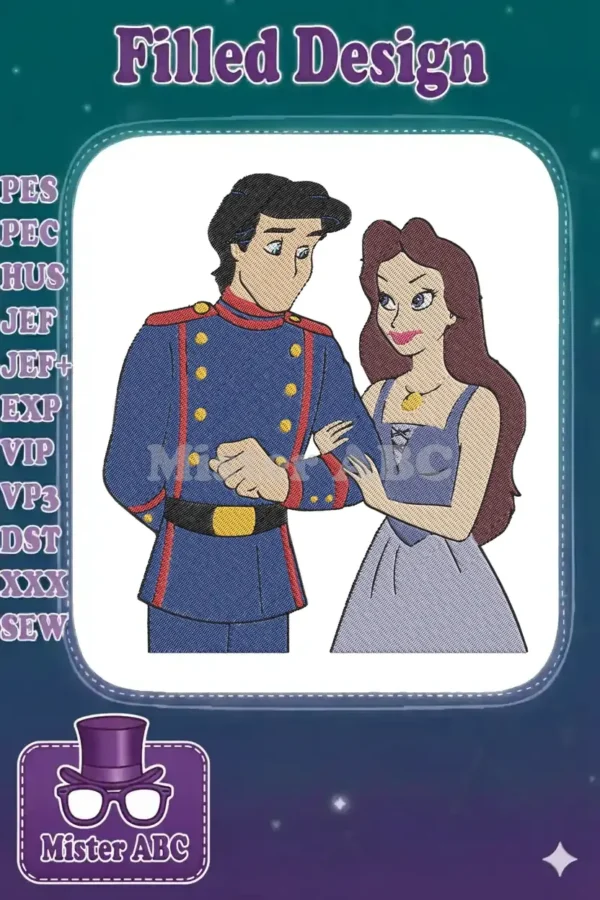 Embroidered design of Prince Eric and a beautiful princess arm in arm, featuring intricate details and vibrant colors.