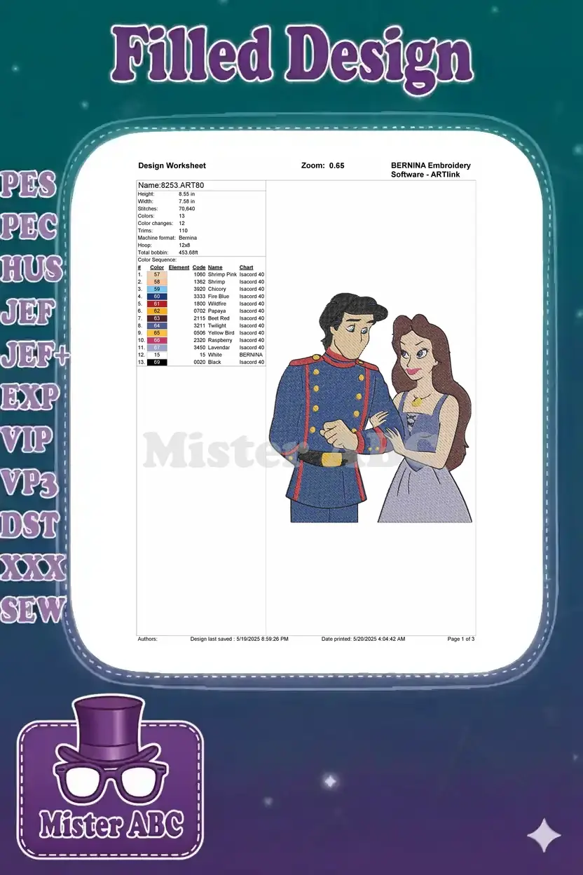 A comprehensive embroidery design worksheet displaying stitch count, color sequence, dimensions, and machine format.