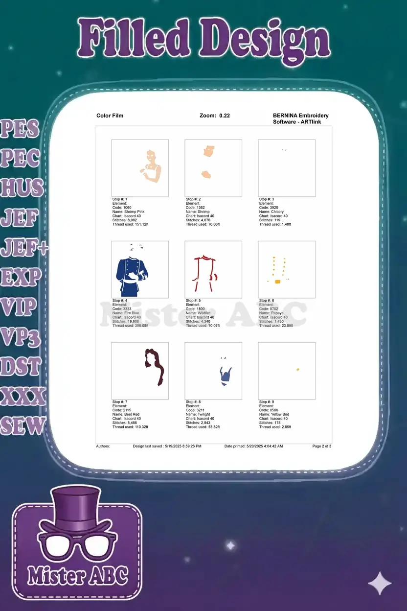 Color film breakdown showing the first nine embroidery stitch elements, detailing thread colors and stitch counts.