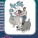 Bluebirds Attacking Lady with Prince and Dog Embroidery Designs - Instant Download