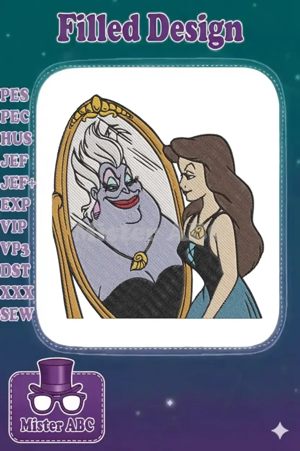 Intricate embroidery of Ursula as Vanessa looking in a mirror, revealing her true sea witch form.