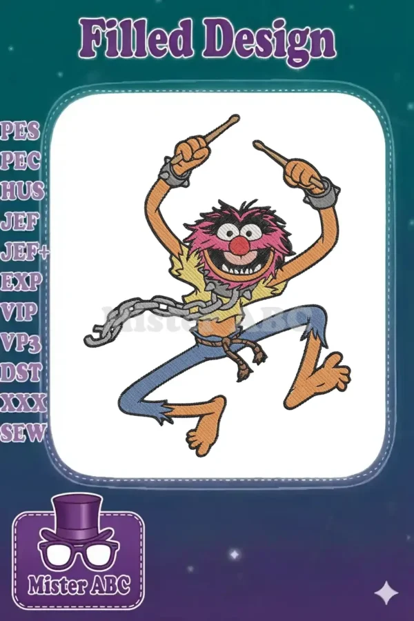 A full-color embroidery design of Animal from The Muppets, mid-jump, holding drumsticks, with a chain.
