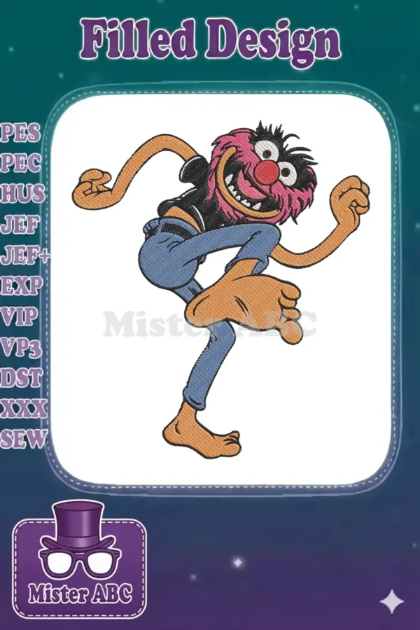 Animated embroidery design of Animal from The Muppets, mid-action with a wide grin and wild pink hair.