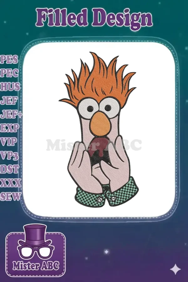 Vibrant embroidery of Beaker from The Muppets, wide-eyed and distressed, holding a small dark object with both hands. Detailed stitches.