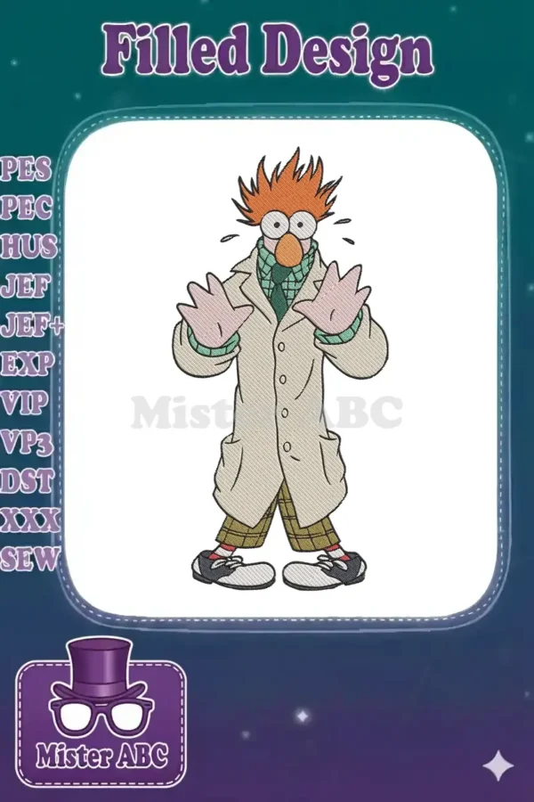 Detailed embroidery design of Beaker from The Muppets, hands raised in a classic panicked expression.