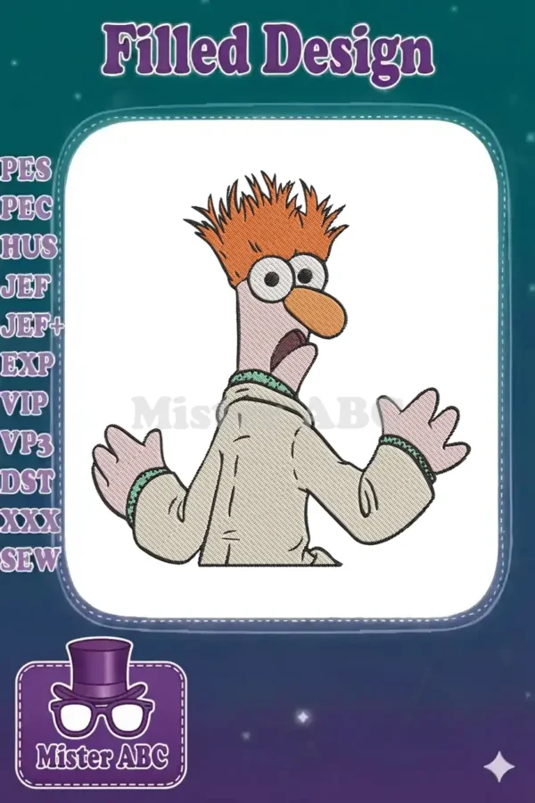 A vibrant embroidery design featuring Beaker from The Muppets, showcasing his iconic startled expression and orange hair.