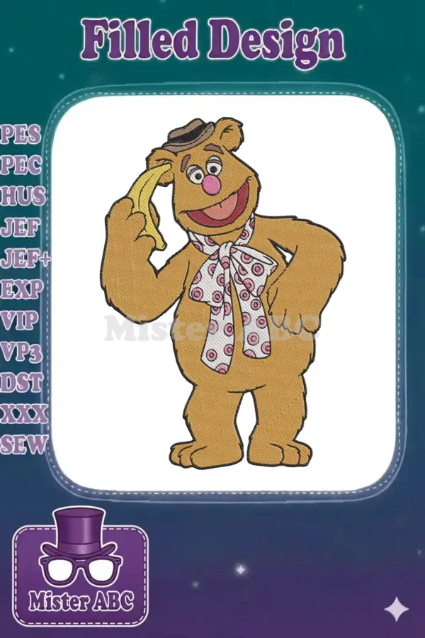 Fozzie Bear from The Muppets, wearing a hat and scarf, holding a banana, in a detailed embroidery design.