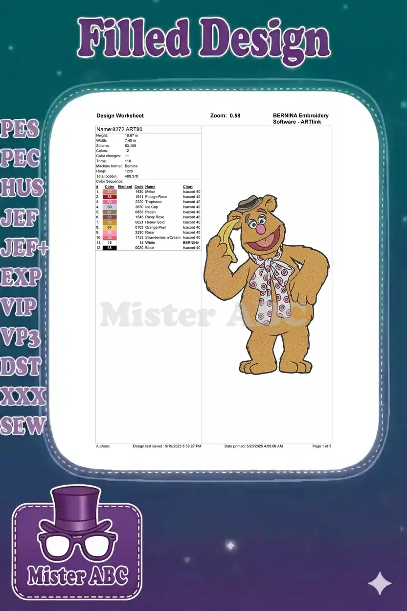 Embroidery design worksheet for Fozzie Bear, showing dimensions, stitch count, color chart, and thread details.