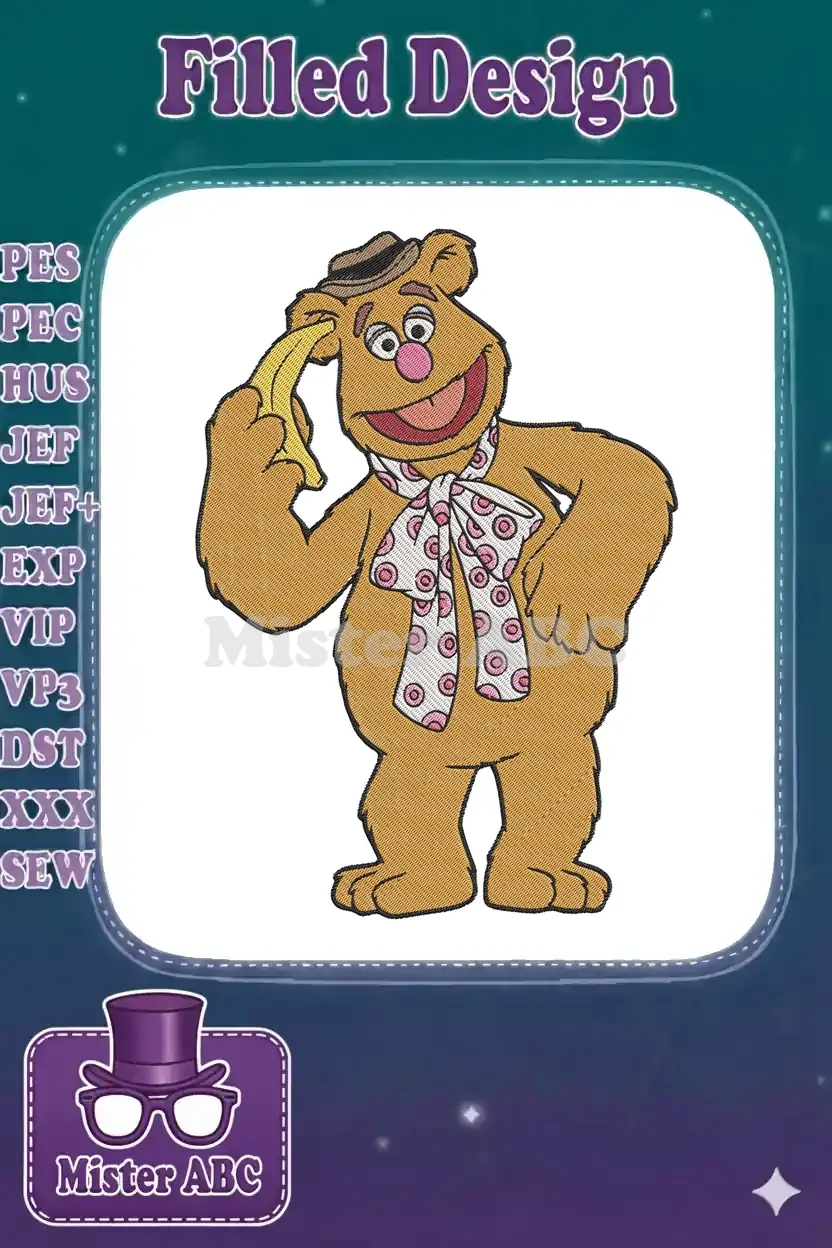 Fozzie Bear from The Muppets, wearing a hat and scarf, holding a banana, in a detailed embroidery design.