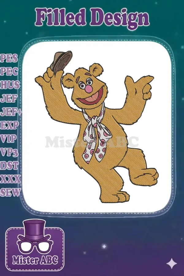 Fozzie Bear embroidery design, a cheerful Muppet character in warm brown with a polka-dot scarf.