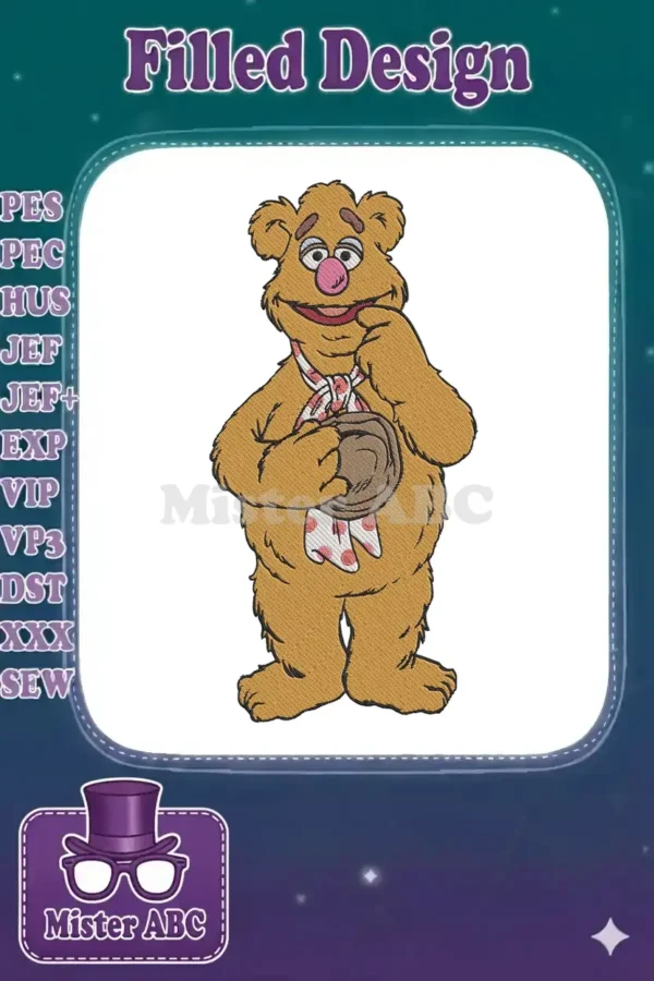 A full-body embroidery design of Fozzie Bear from The Muppets, standing, holding a hat and wearing a polka-dot scarf.