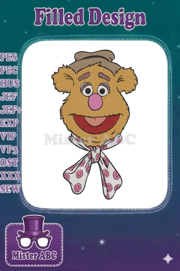 Close-up of a vibrant Fozzie Bear embroidery design, featuring his iconic hat, pink nose, and polka-dot scarf.