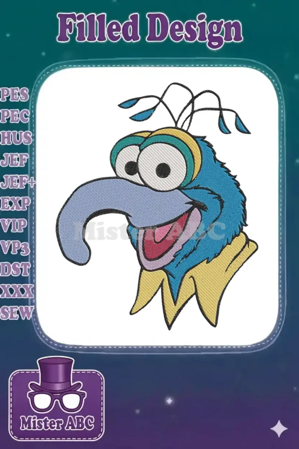 Vibrant Gonzo Muppet embroidery design, featuring his iconic blue face, large nose, and joyful expression.