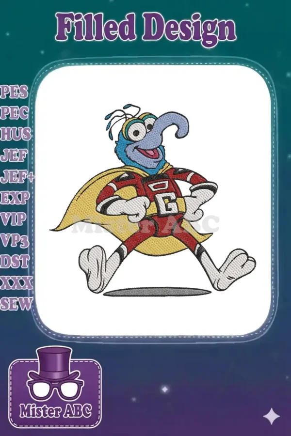 Gonzo the Great, the iconic Muppet character, in a dynamic superhero pose, featuring a red suit and yellow cape.