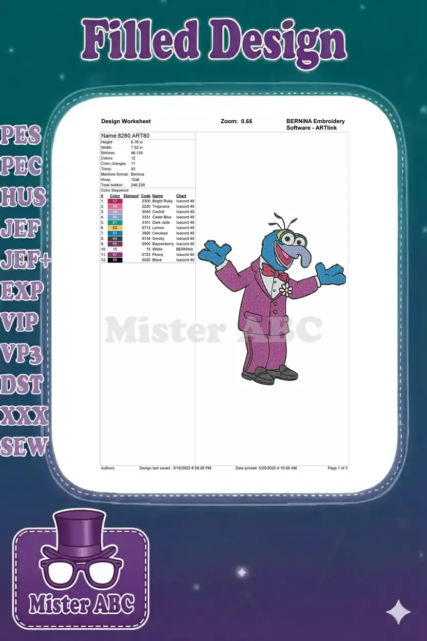 A design worksheet displaying Gonzo embroidery details including size, stitch count, color changes, and thread chart.