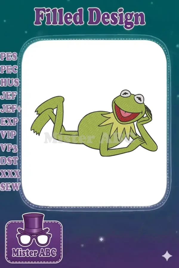 A vibrant embroidery design featuring Kermit the Frog lying down, smiling, with his arm propped up.