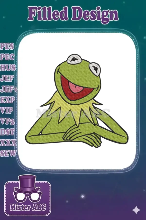 A vibrant green embroidered design of Kermit the Frog, smiling widely with his tongue out, leaning forward.