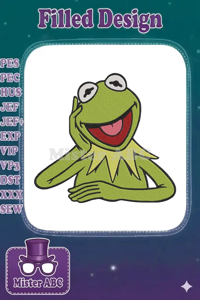 Vibrant Kermit the Frog embroidery design, smiling with hand on chin, featuring detailed satin and fill stitches.