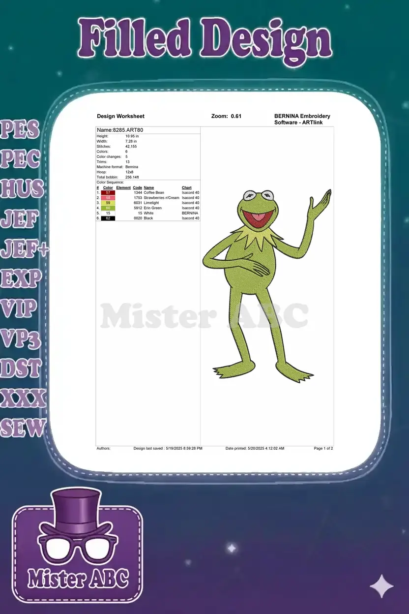Embroidery design worksheet for Kermit the Frog, detailing dimensions, stitch count, color sequence, and machine info.