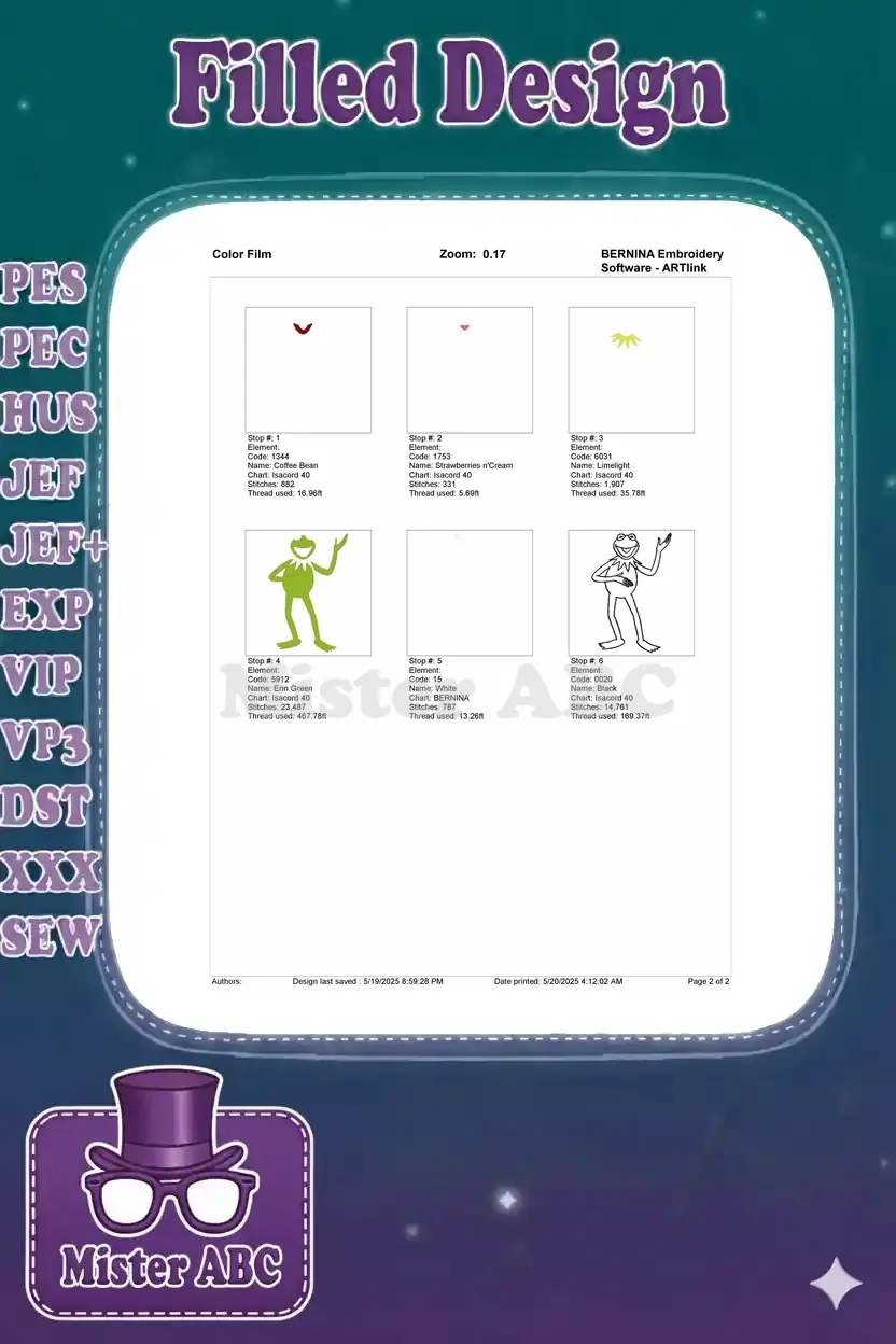 Color film breakdown showing the six individual color stitching steps for the Kermit the Frog embroidery design.