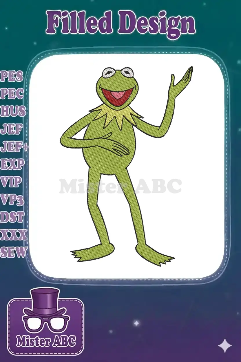 A vibrant embroidery design of Kermit the Frog, standing and smiling with one hand raised, showcasing detailed stitching.