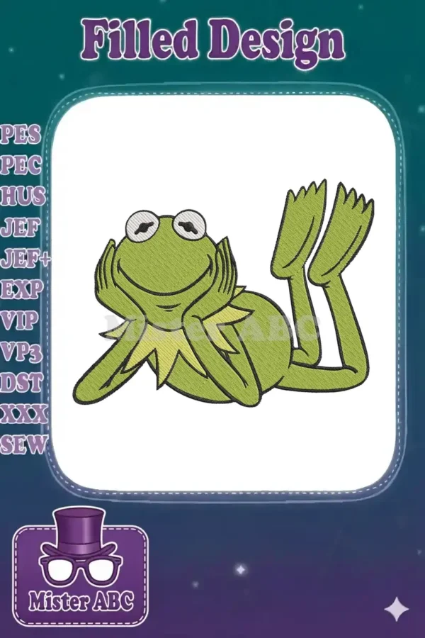 Kermit the Frog embroidery design in a relaxed, lying down pose, chin in hands, with green and black stitches.