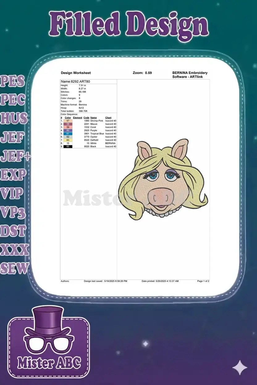 Embroidery design worksheet for Miss Piggy, showing dimensions, stitch count, color chart, and preview.
