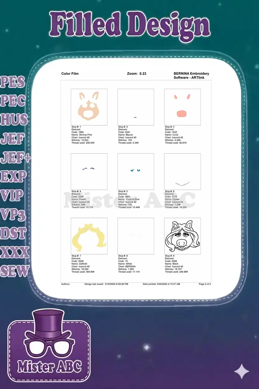 Color film breakdown of the Miss Piggy embroidery, showing each color stop and thread usage.