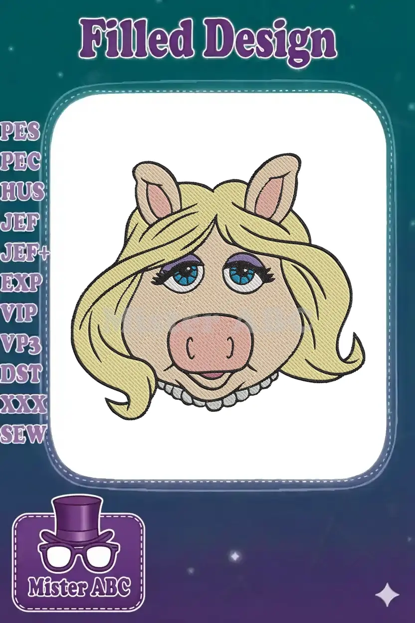 Close-up embroidery of Miss Piggy's head, featuring her blonde hair, blue eyes, and pearl necklace.