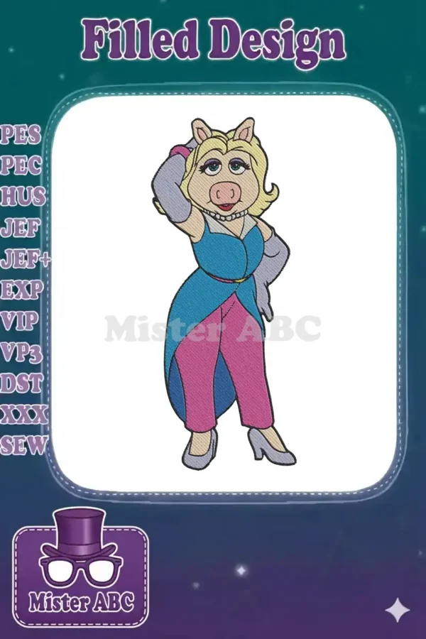 Full-body embroidery design of Miss Piggy in a glamorous blue and pink outfit, striking a confident pose.