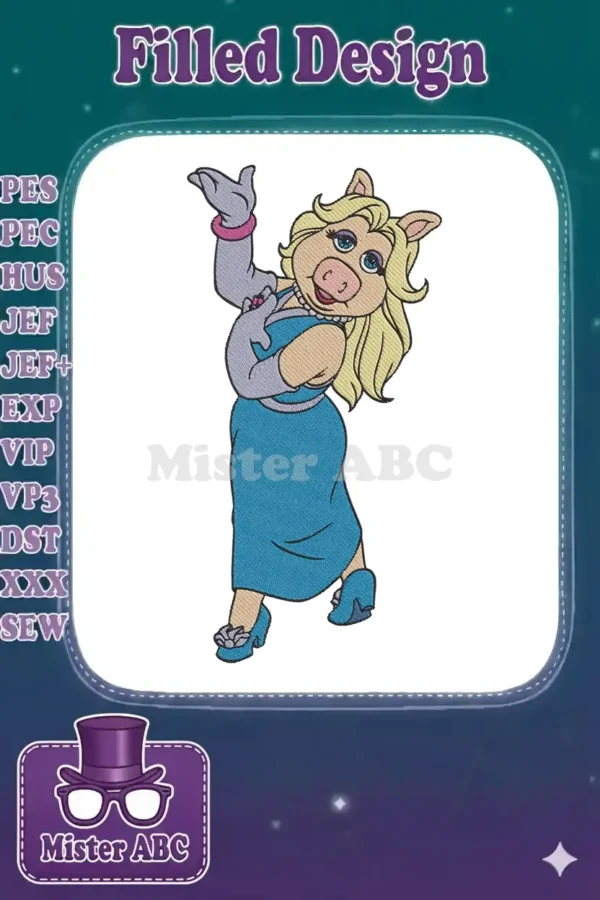 A vibrant embroidery design of Miss Piggy in a teal dress, purple gloves, and blonde hair, striking a confident pose.