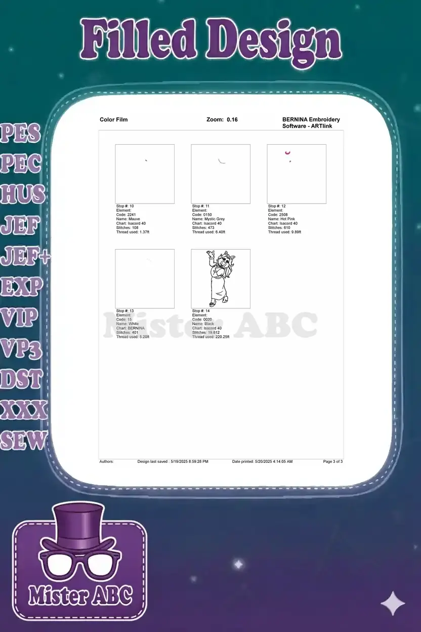 Second page of the color film sequence for the Miss Piggy embroidery, completing the color breakdown.