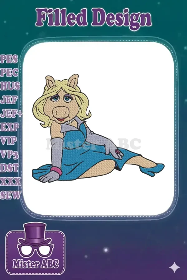 Glamorous Miss Piggy embroidery design in a vibrant blue dress and opera gloves, striking a classic pose.