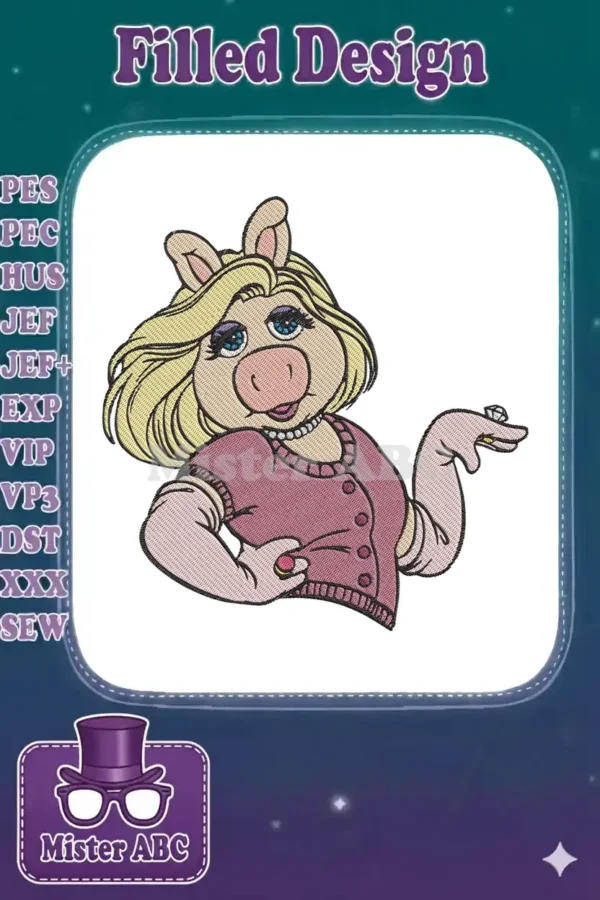 Glamorous Miss Piggy embroidery design, featuring her signature blonde hair, pink top, pearls, and rings, exuding diva attitude.
