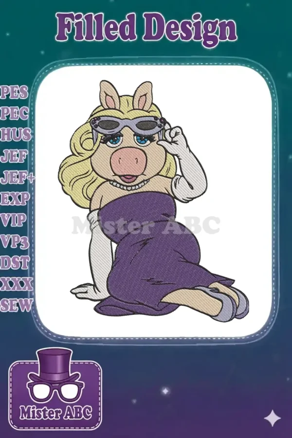 Glamorous Miss Piggy embroidery design, posed in a chic purple dress with stylish sunglasses on her head. Her blonde hair and pearl necklace add to her iconic look, perfect for a statement piece.