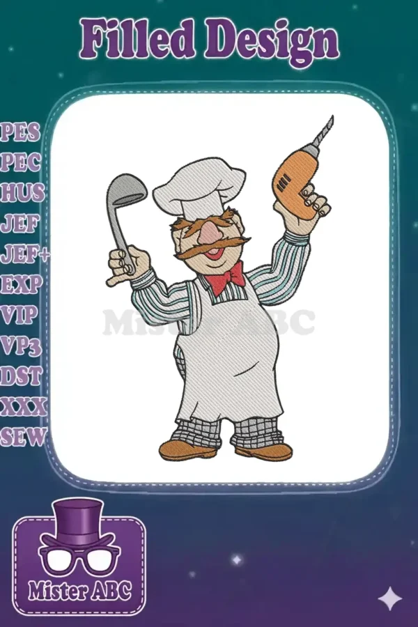 Vibrant embroidery of the Swedish Chef, holding a ladle and power drill, in a playful, energetic pose.