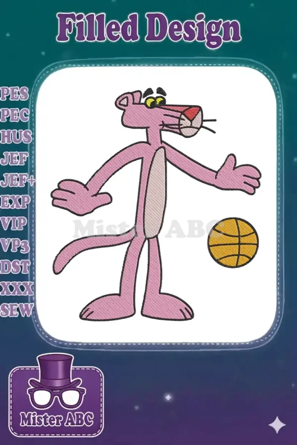 A vibrant Pink Panther embroidery design, standing with arms outstretched next to a basketball, ready for action.