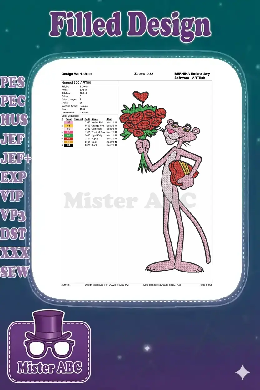 Embroidery design worksheet for Pink Panther, detailing dimensions, stitch count, and color sequence.
