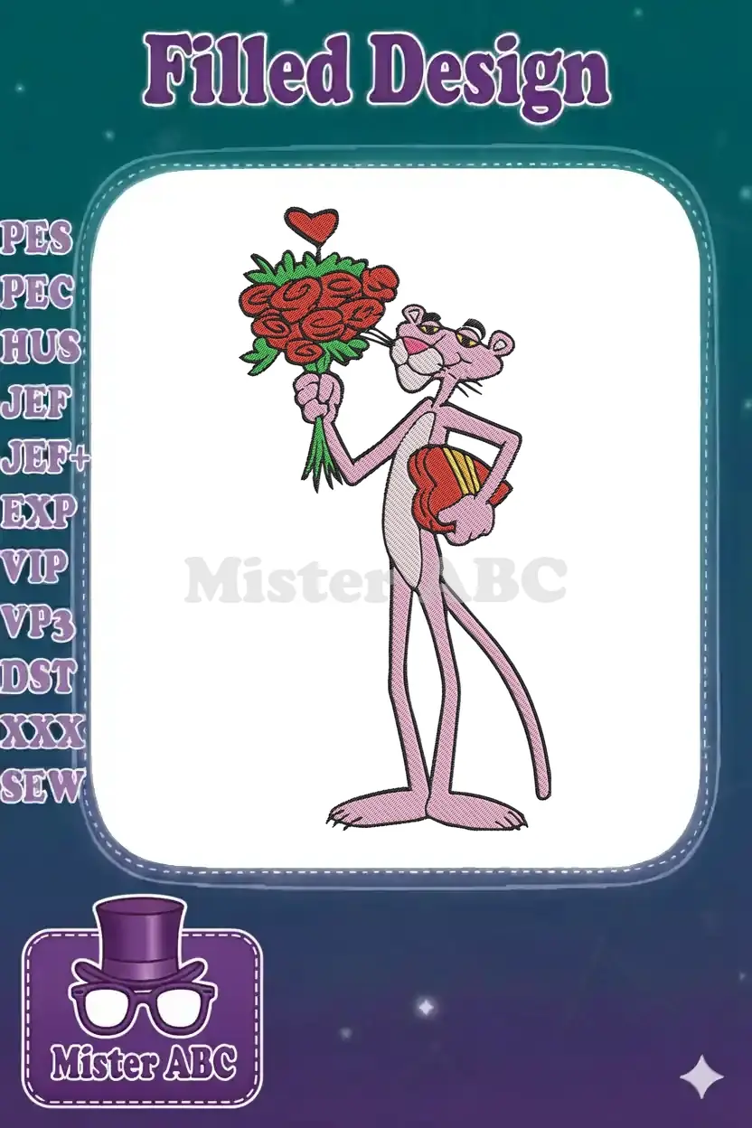 Full-body Pink Panther embroidery design holding a red rose bouquet and a heart-shaped candy box.