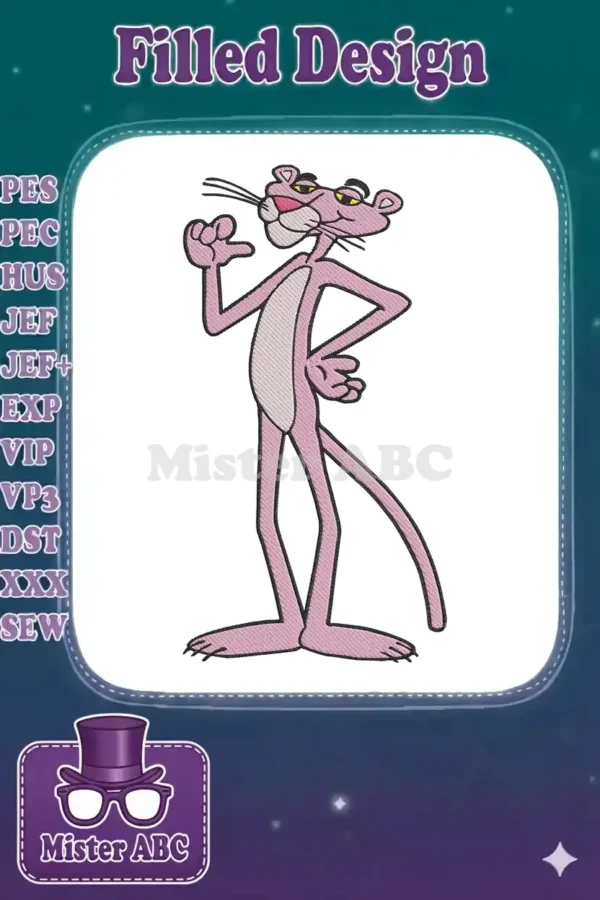 A classic Pink Panther embroidery design, standing tall with a playful pose, featuring vibrant pink fill stitches.