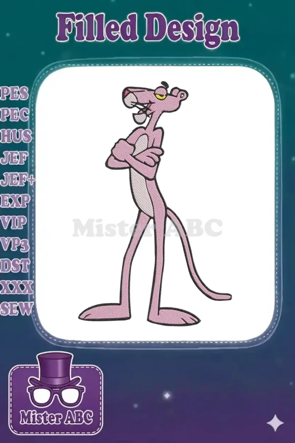 A vibrant embroidery design of the Pink Panther, standing with arms crossed, exuding his signature cool demeanor.
