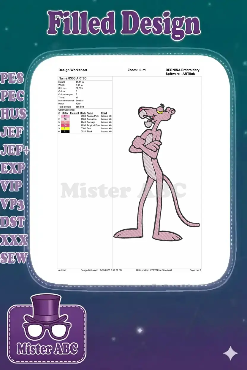 An embroidery design worksheet for Pink Panther, detailing dimensions, stitch count, color sequence, and thread codes.
